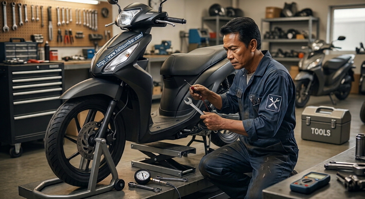 Ilustrasi mekanik profesional saat melakukan diagnosis mesin motor injeksi menggunakan peralatan ukur untuk mendeteksi potensi kerusakan komponen seperti injektor, rotak, atau sensor TPS.
