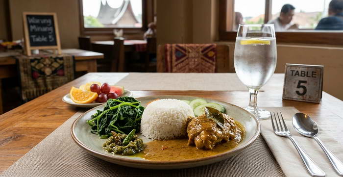 Satu piring nasi putih hangat lengkap dengan ayam gulai berkuah kental, sayuran hijau, sambal hijau